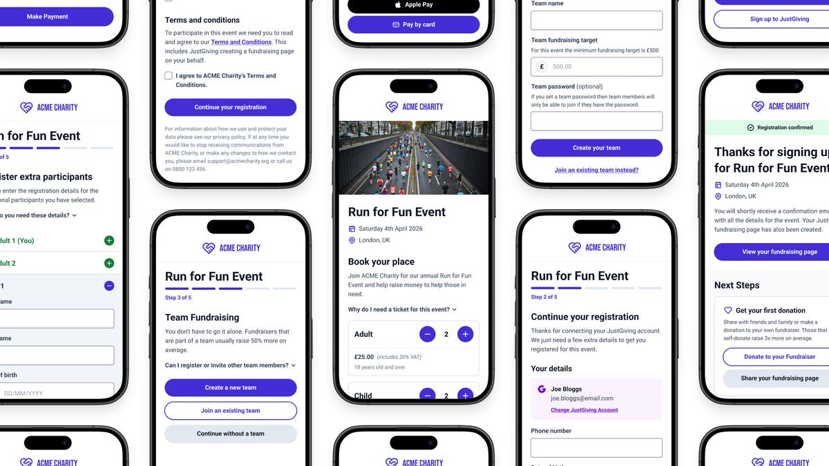 GivePanel Events x JustGiving. A panel of mobile phones with event fundraising campaigns on screen.