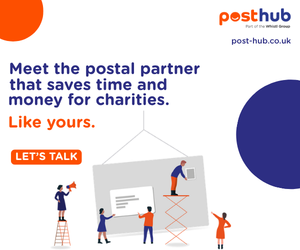 Posthub advert. Meet the postal partner that saves time and money for charities. Like yours.