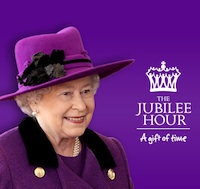 The Jubilee Hour, with photo of HM The Queen smiling. With a purple background