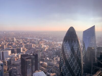 London skyline at dawn, with the Gherkin in the foreground.