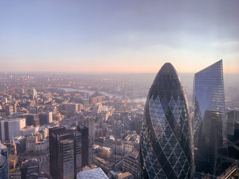 London skyline at dawn, with the Gherkin in the foreground.