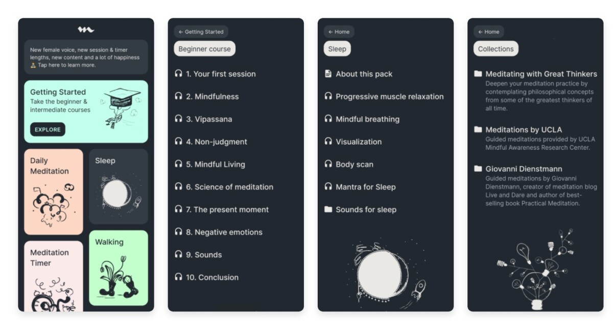 Medito app - four mobile screenshots